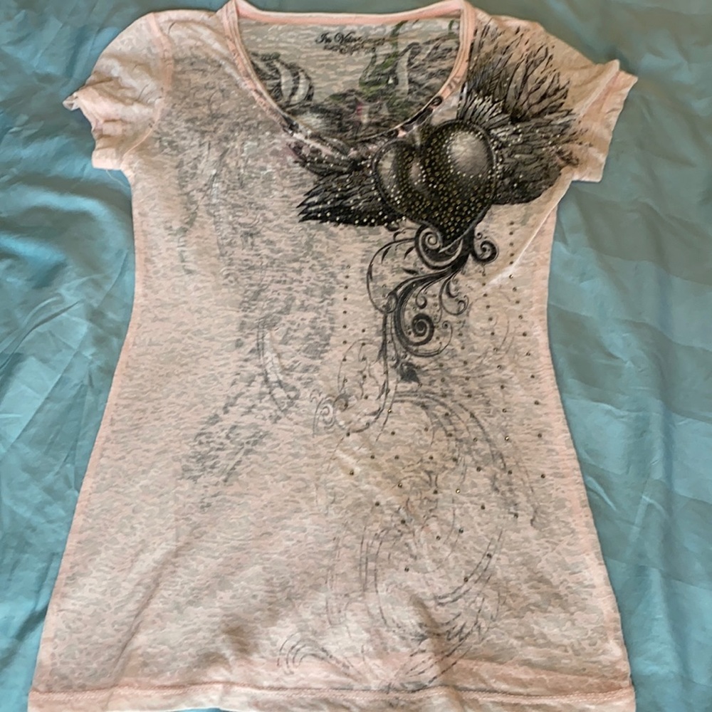 Ladies- In vein brand. Rhinestone embellished, heart with wings, T-shirt. Sz S.